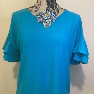 INC Caribbean Blue Ruffle Sleeve Top Sz S Necklace Included!
